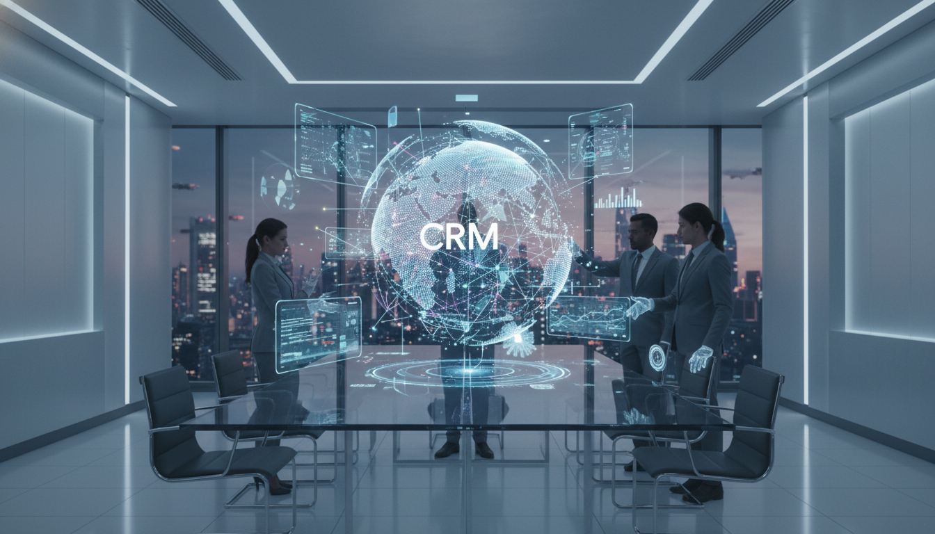 A futuristic office space where digital holographic data visualizations float above a glass conference table, representing global CRM connectivity and complex data networks.