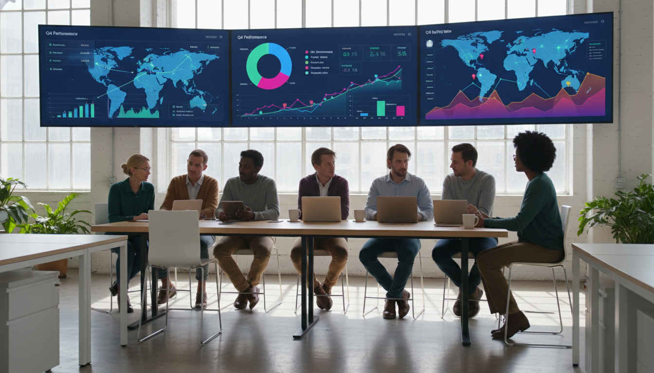 A diverse team of tech professionals collaborating in a brightly lit, modern office with large screens showing colorful CRM dashboards, analytics graphs, and global sales maps.