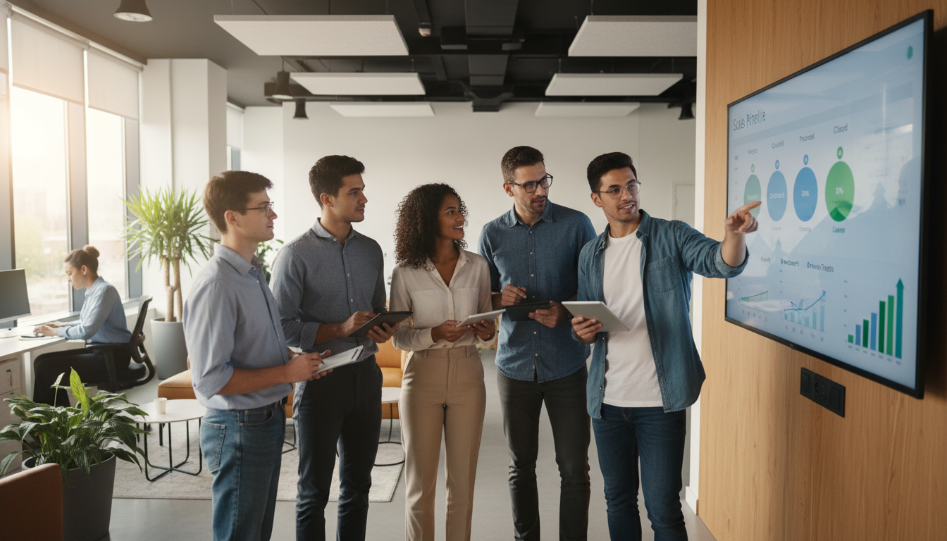 A diverse group of young professionals in a bright, collaborative office space, looking at a large wall-mounted screen displaying a sales pipeline and growth metrics, cinematic lighting, professional atmosphere.