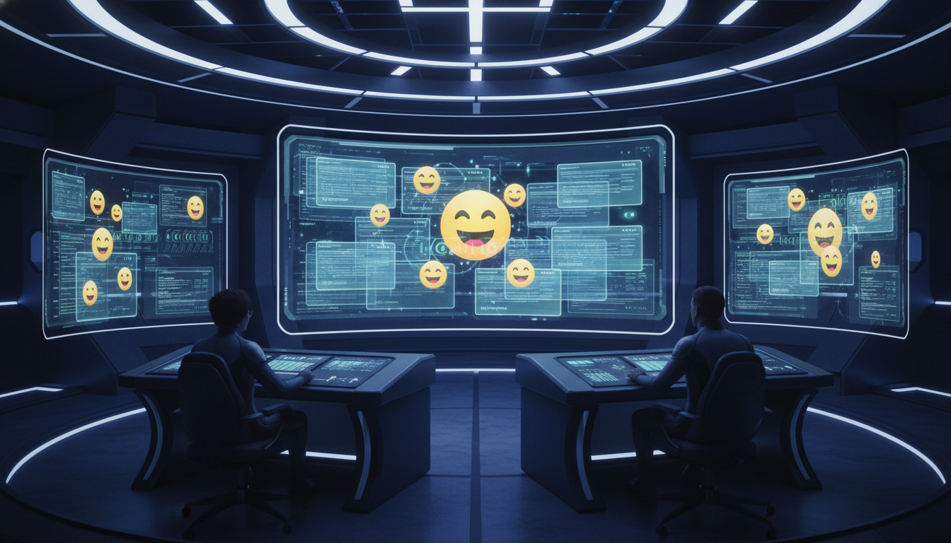 A futuristic digital command center with colorful holographic screens showing customer support tickets and happy emojis, cinematic lighting, 8k.