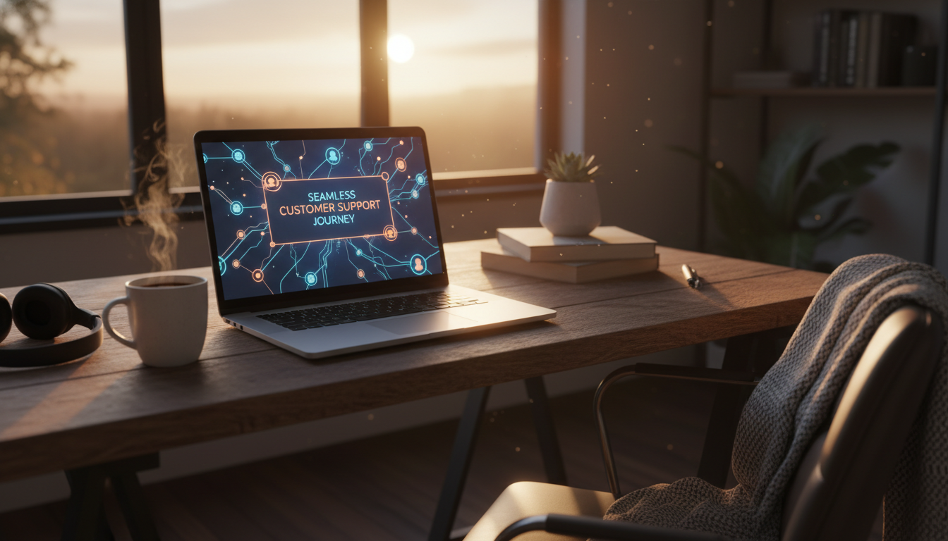 A cozy workspace with a laptop, a cup of coffee, and a glowing digital interface representing a seamless customer support journey, soft sunset lighting.