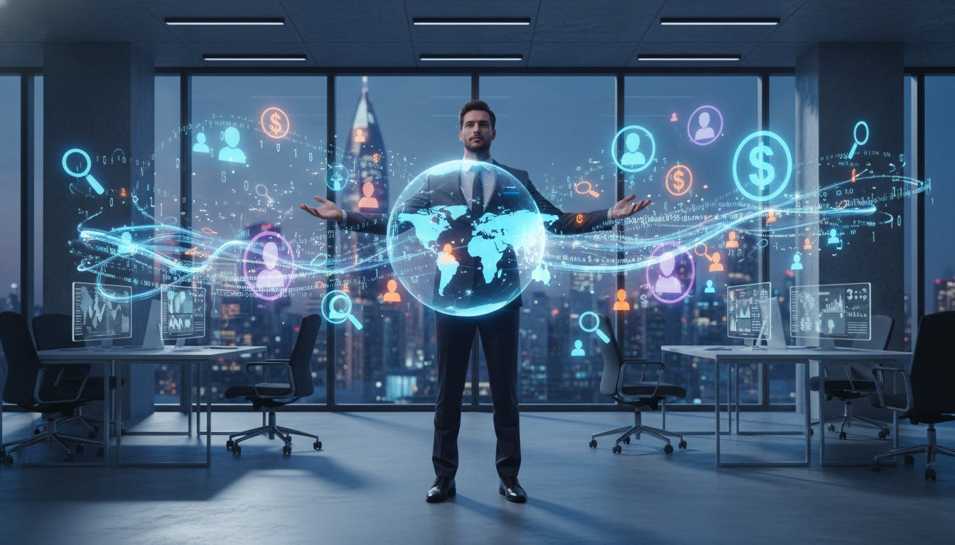 A vibrant, modern office setting where a digital salesperson is standing amidst glowing holographic lead icons and flowing data streams, representing a high-tech lead generation process, photorealistic, cinematic lighting.