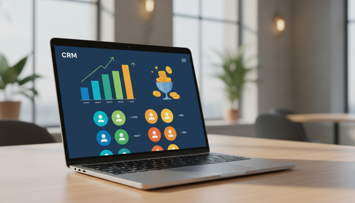 A sleek, high-end laptop display showing a colorful and organized CRM dashboard with rising growth charts, golden coins, and customer profile icons, minimalist background with soft bokeh.