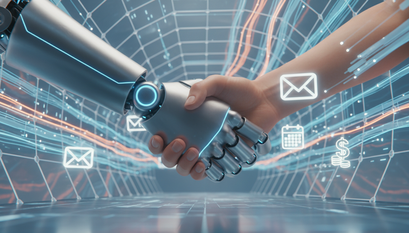 A conceptual 3D illustration of a robotic hand and a human hand shaking firmly. In the background, streams of data and glowing icons representing email, calendar, and money flow smoothly through a digital tunnel.