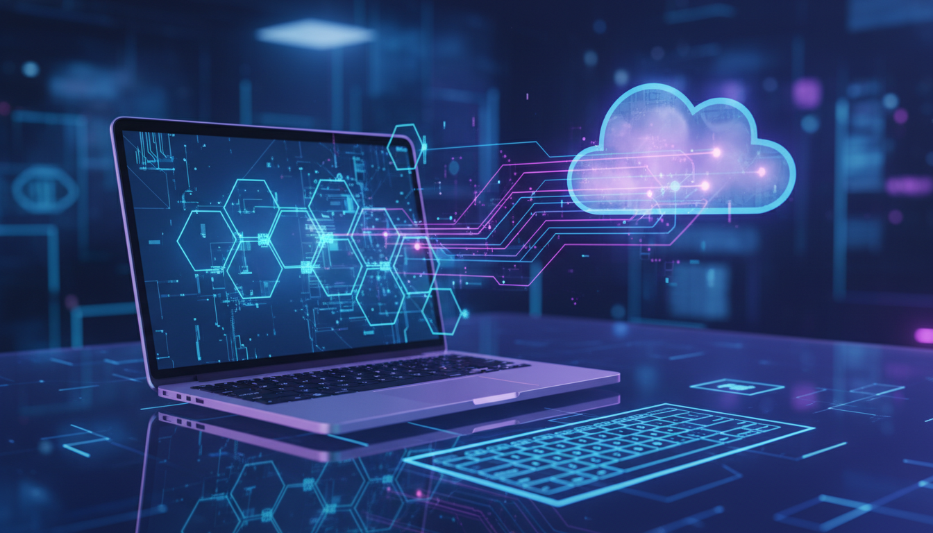A vibrant, high-tech digital workspace showing a glowing network of interconnected nodes representing data flow between a laptop and a cloud symbol, neon blue and purple aesthetic, professional and modern.