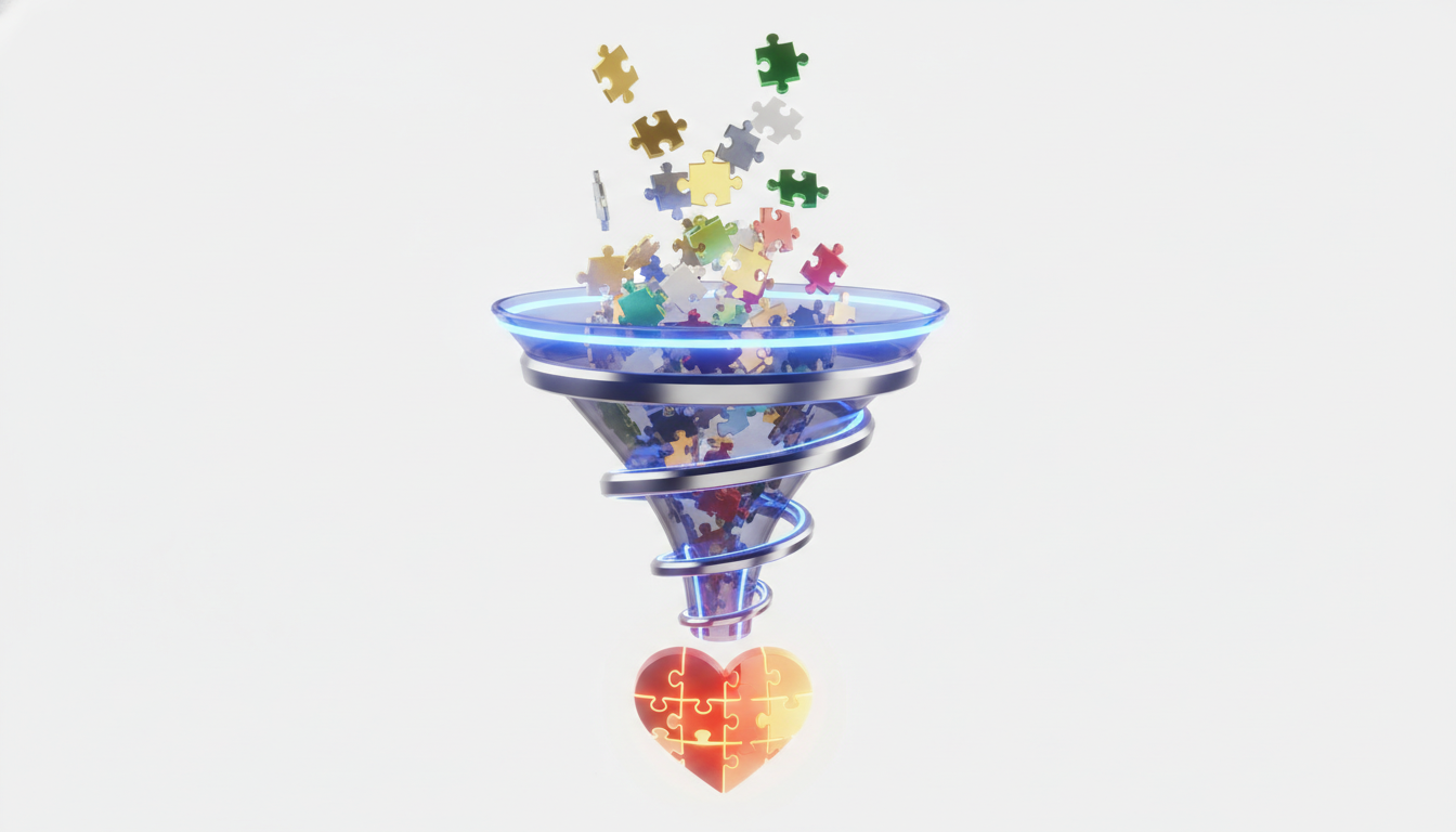 A conceptual 3D illustration of a futuristic funnel where scattered puzzle pieces enter the top and emerge at the bottom as a perfectly formed heart shape, symbolize customer loyalty, clean white background, 8k resolution.